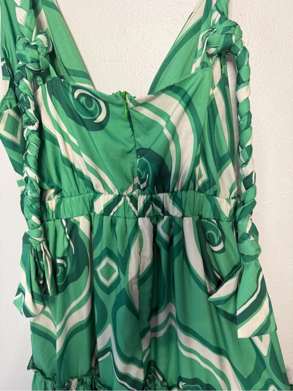 Green Abstract-Print Tiered Maxi Dress with V-Neck